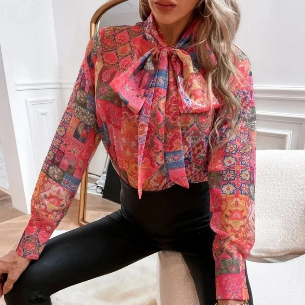 Boho Patchwork long Sleeve Tie Neck Blouse Multi color - Picture 5 of 10
